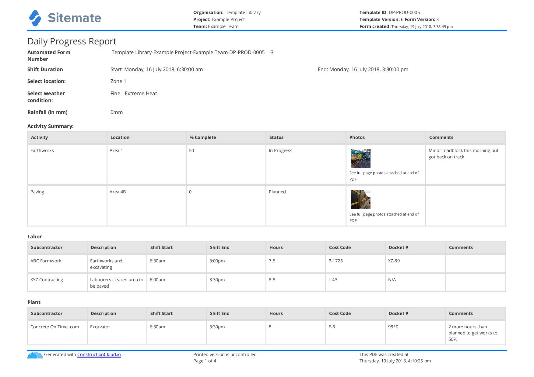 Construction daily progress report template