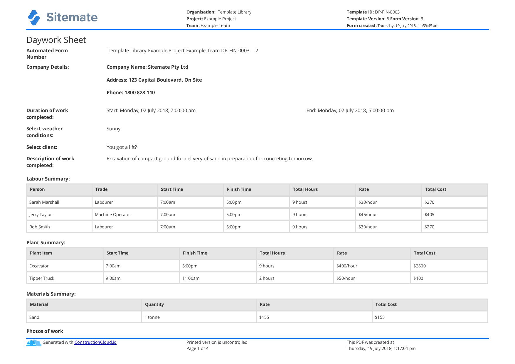 Daywork Sheet