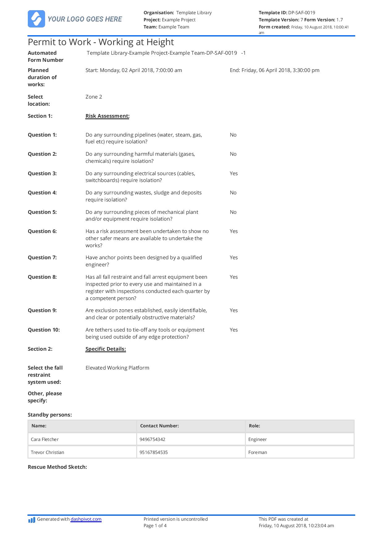 Permit to Work - Working at Height