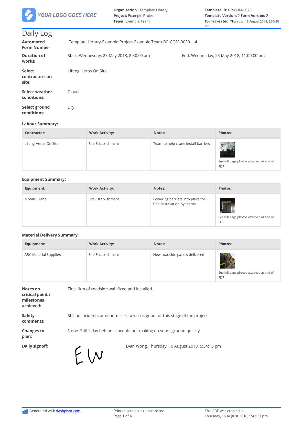 Construction daily log template