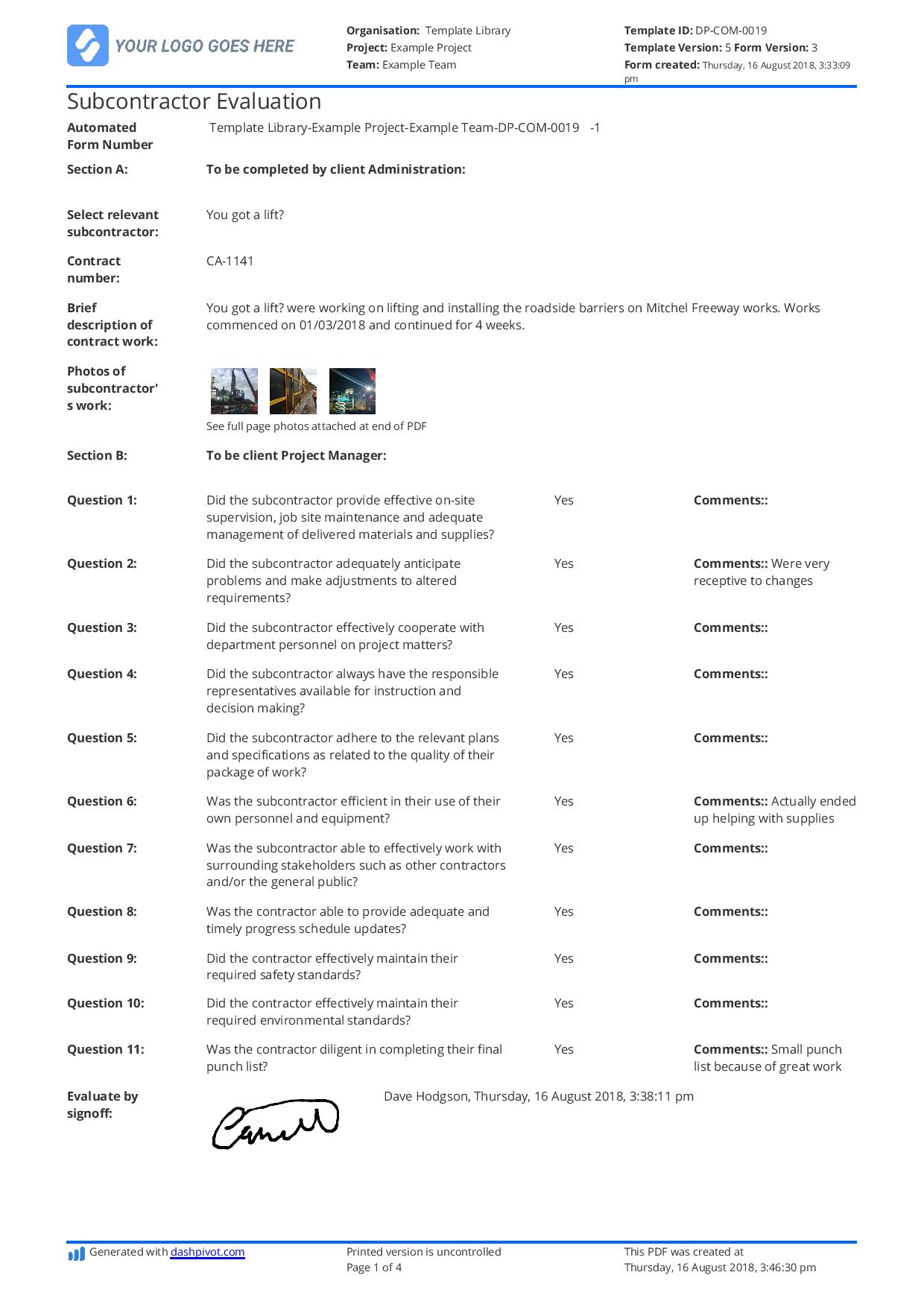 Subcontractor evaluation checklist template