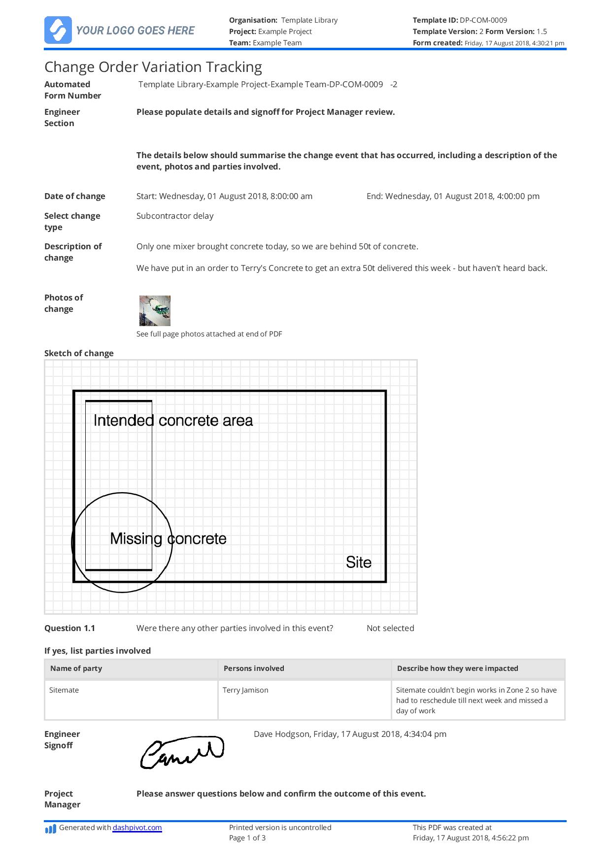 Construction change order template
