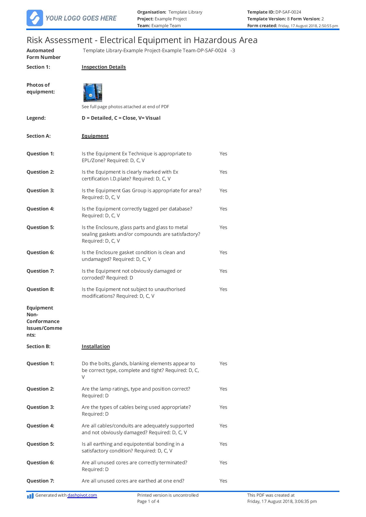 Electrical equipment in hazardous areas inspection template