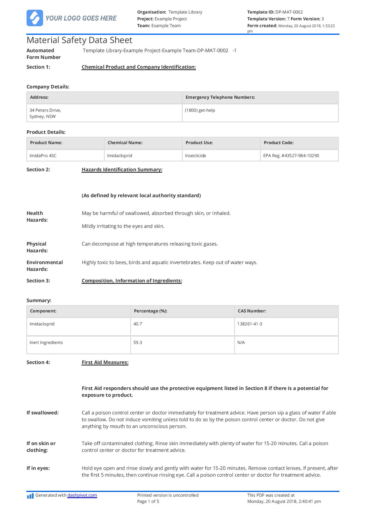 Material safety data sheet template