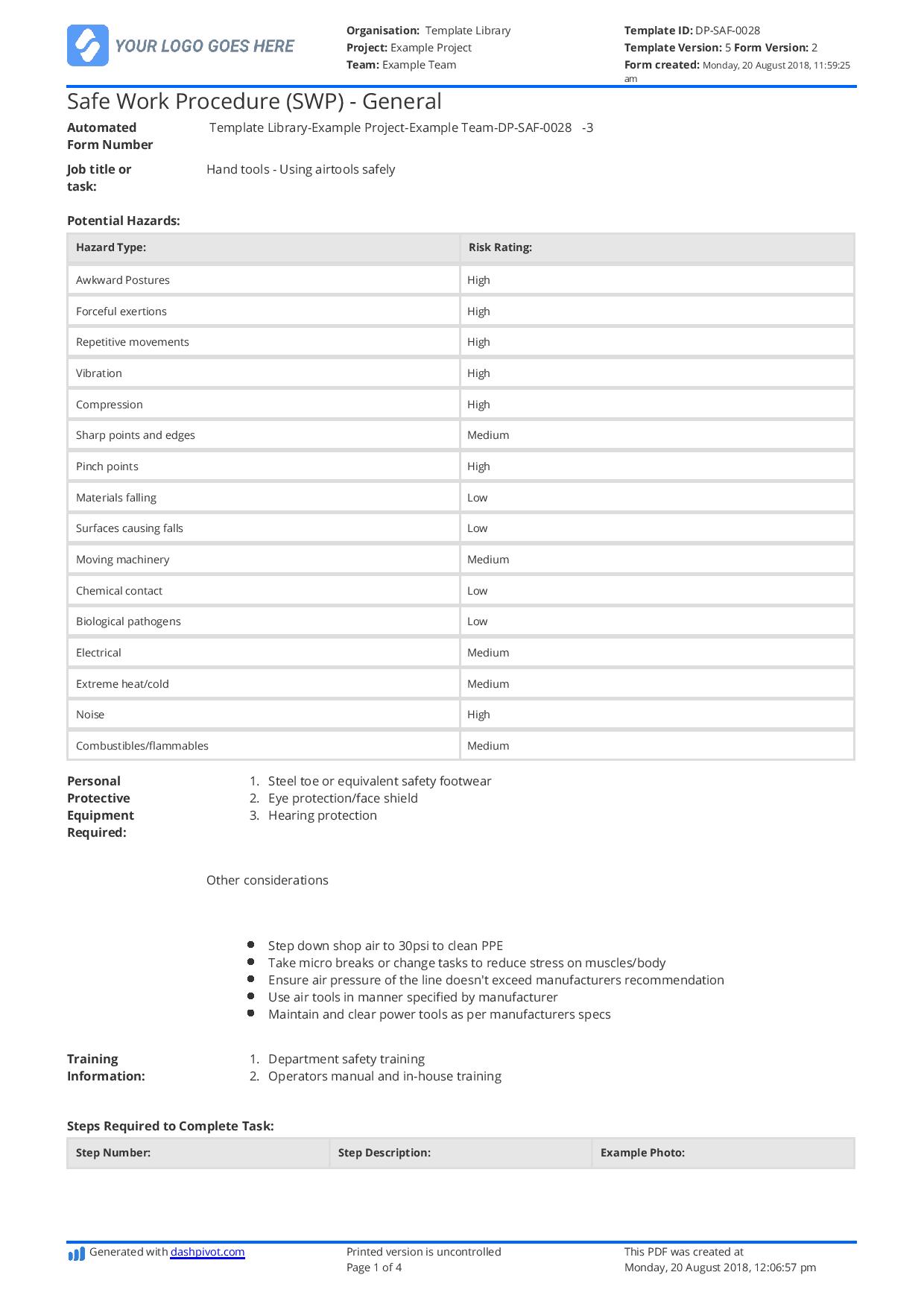 Safe work procedure template