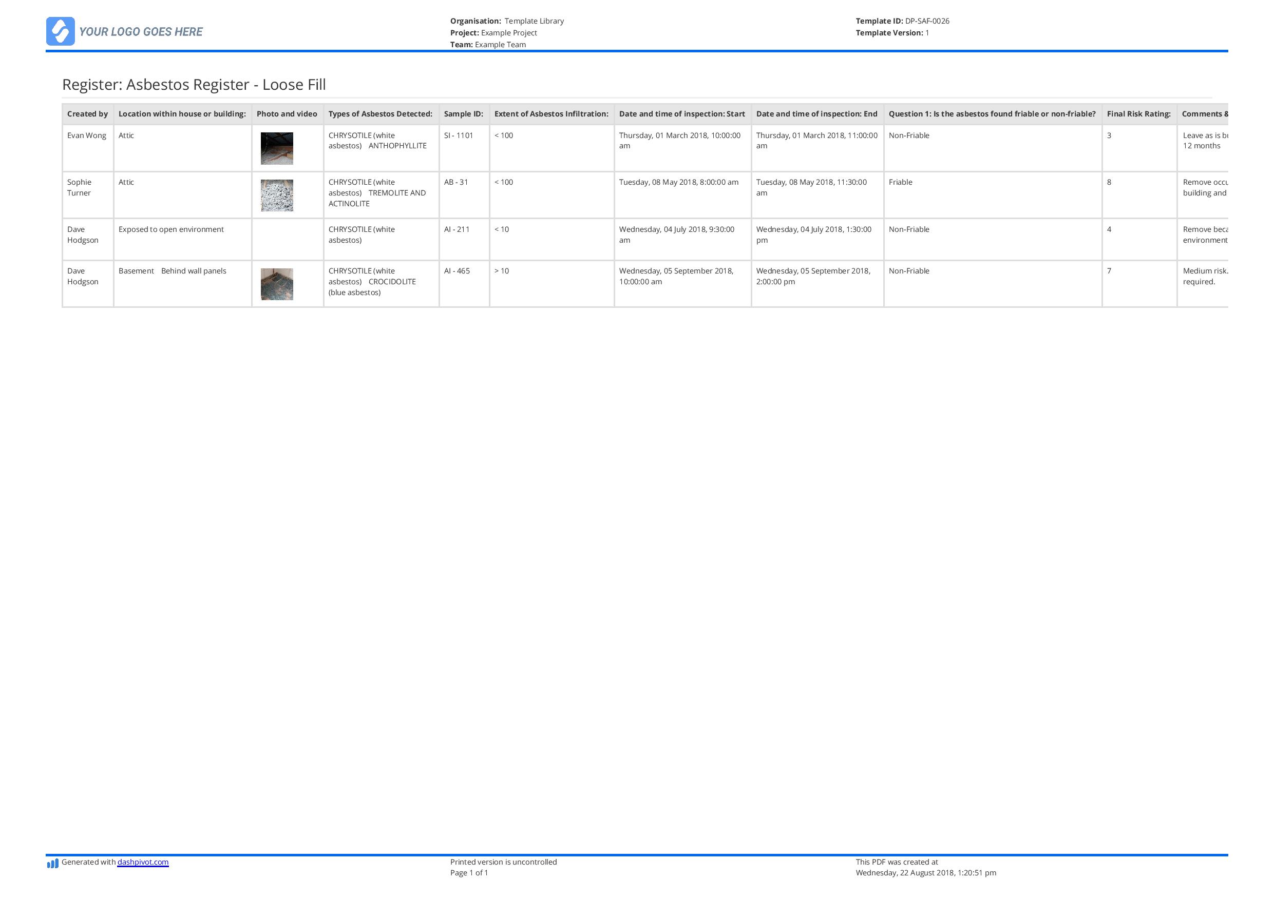 Loose fill asbestos register template