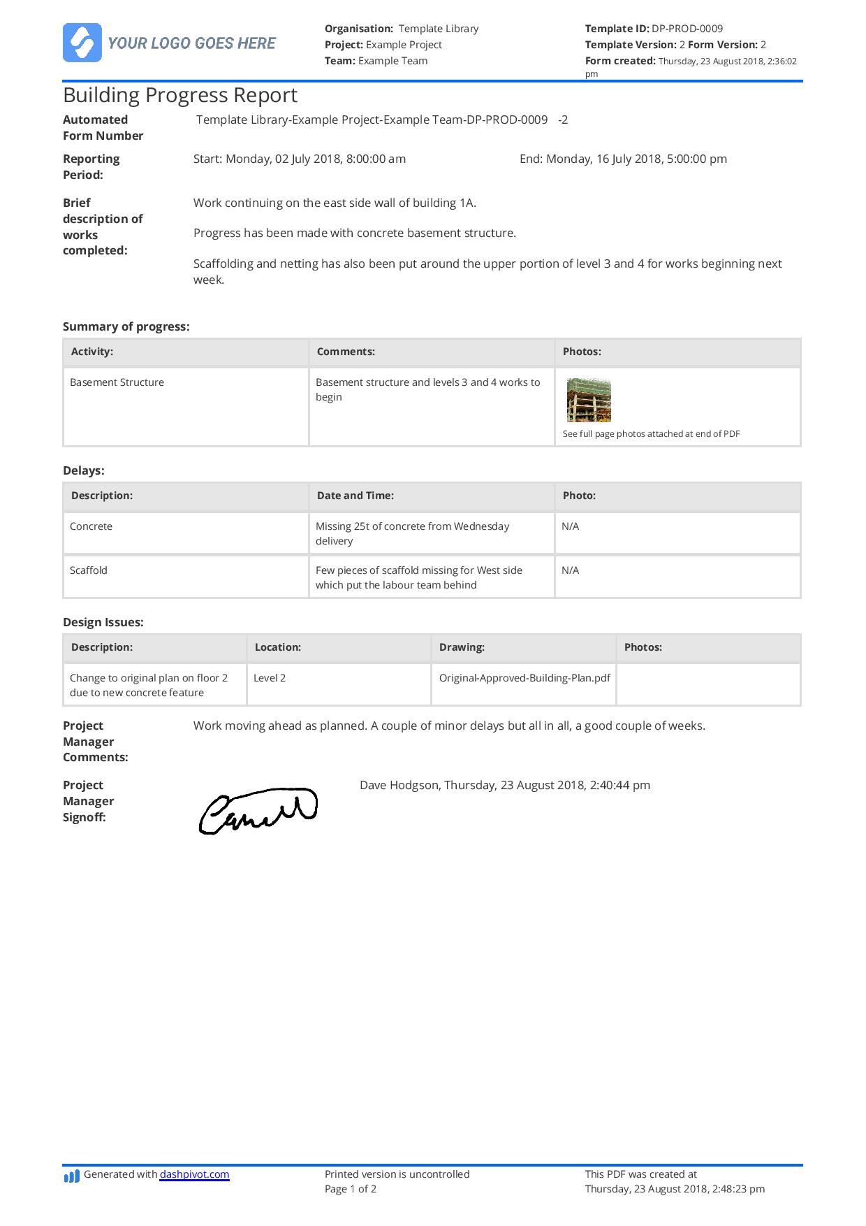Building construction progress report sample