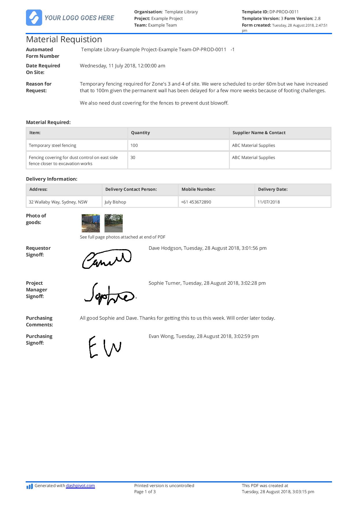 Material requisition form template