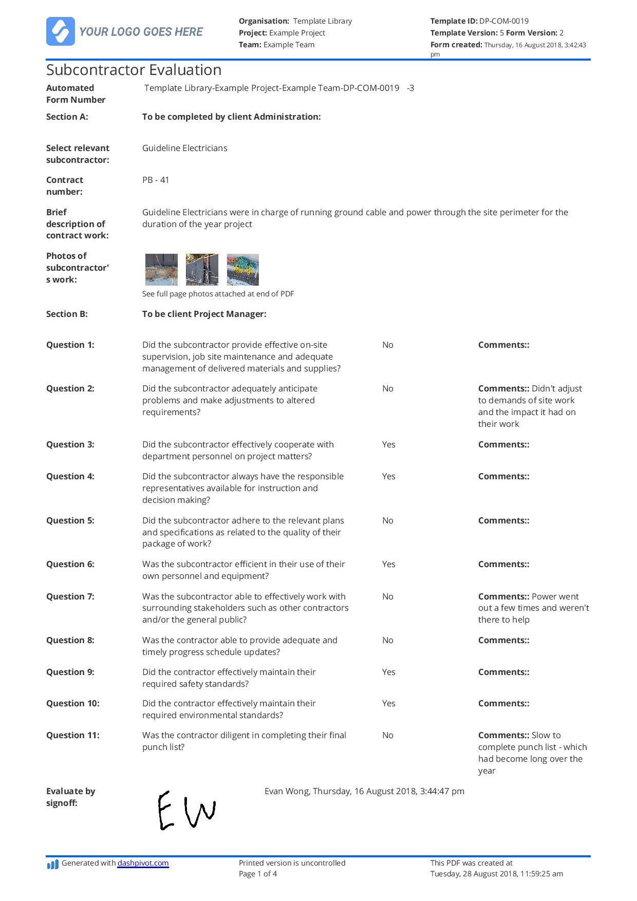 Subcontractor Performance Evaluation Form