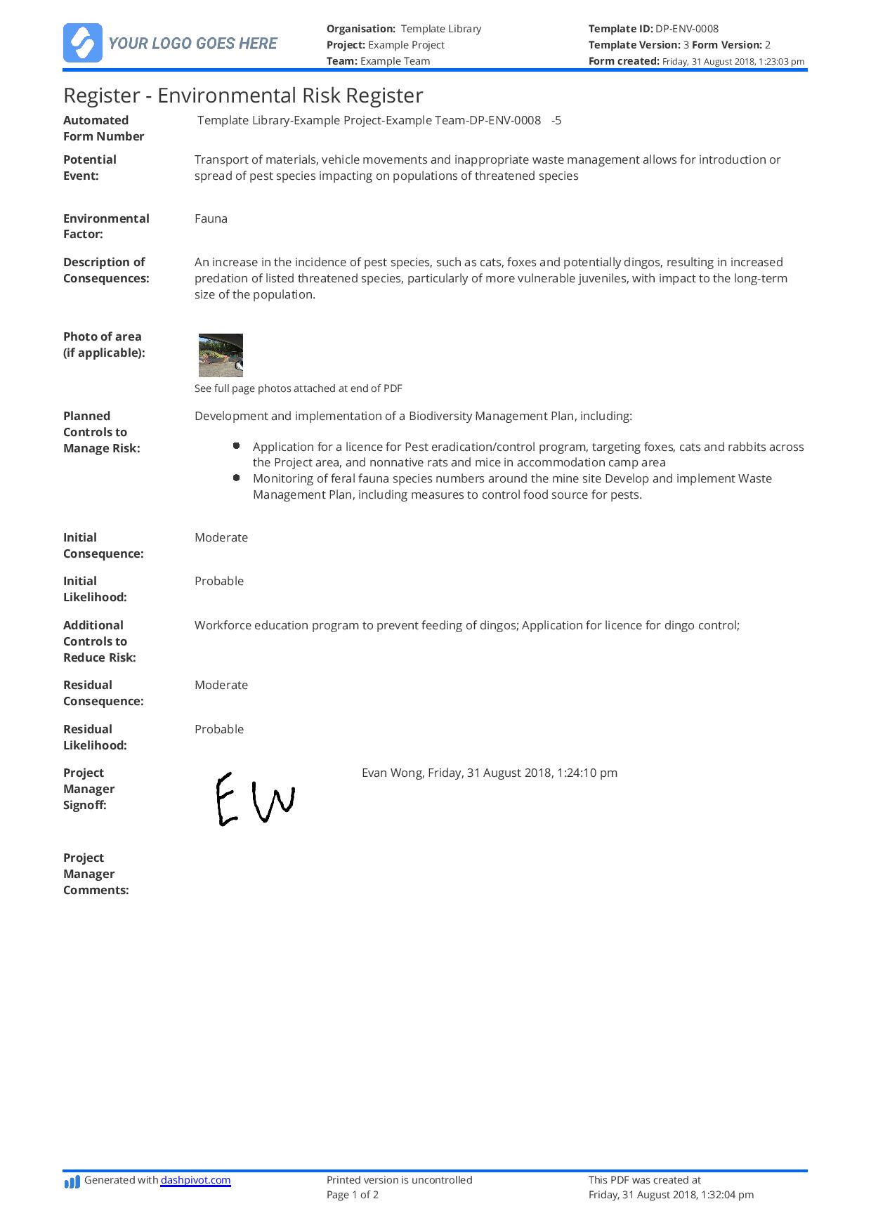 Environmental risk register example