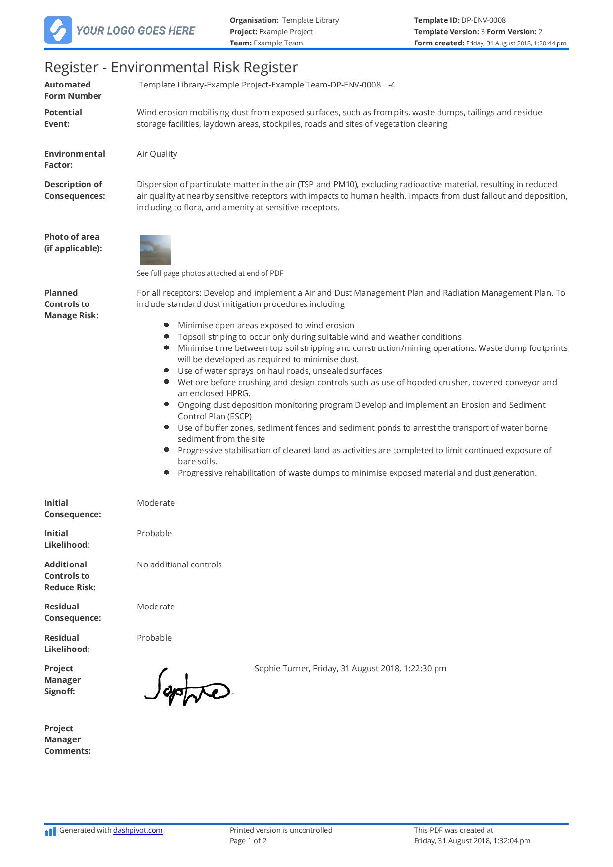 Environmental risk register example