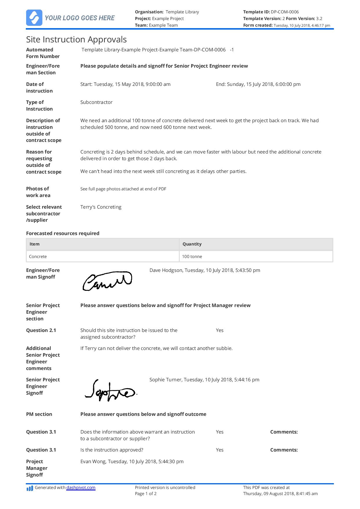 Site instructions