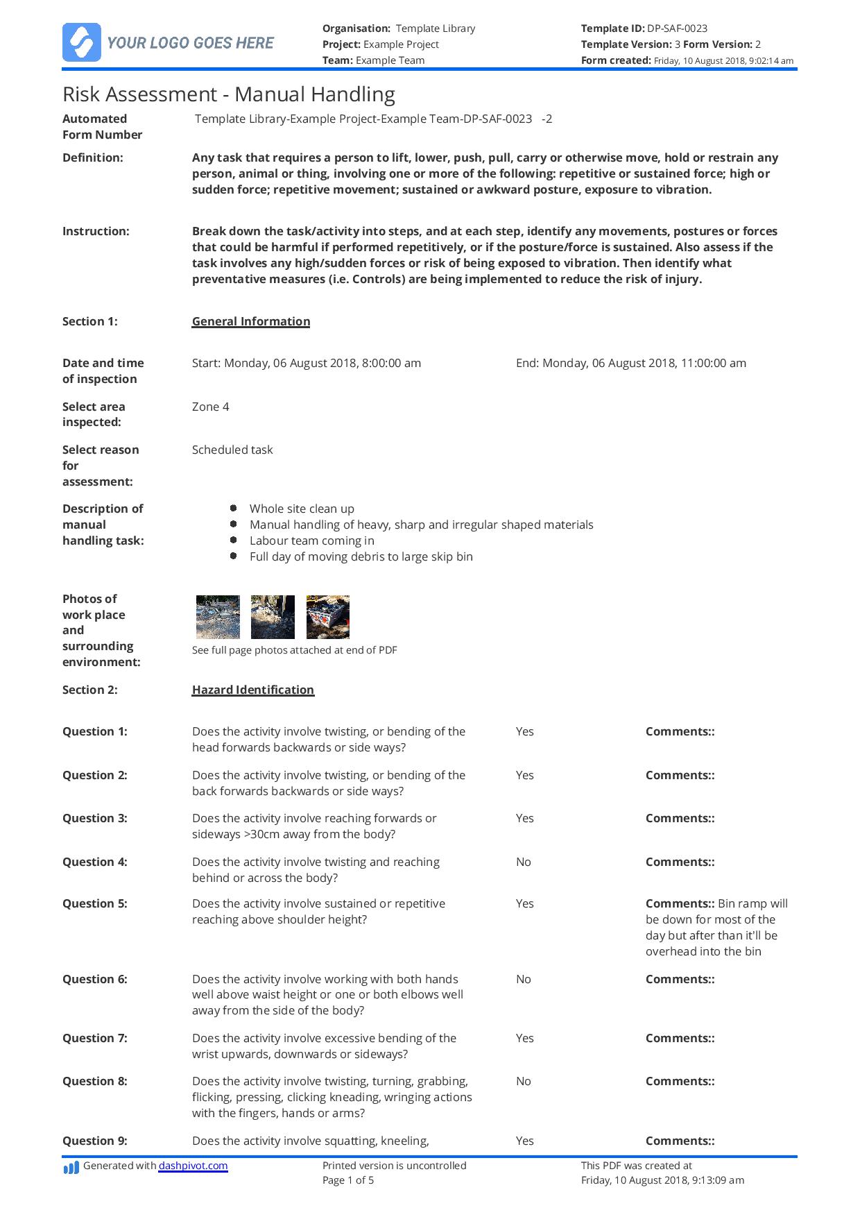 Manual handling risk assessment template