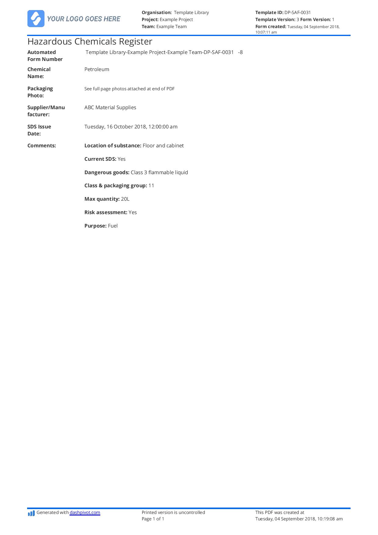 Hazardous chemicals example