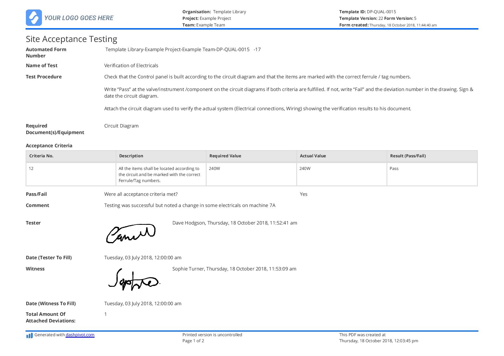 Site acceptance testing template