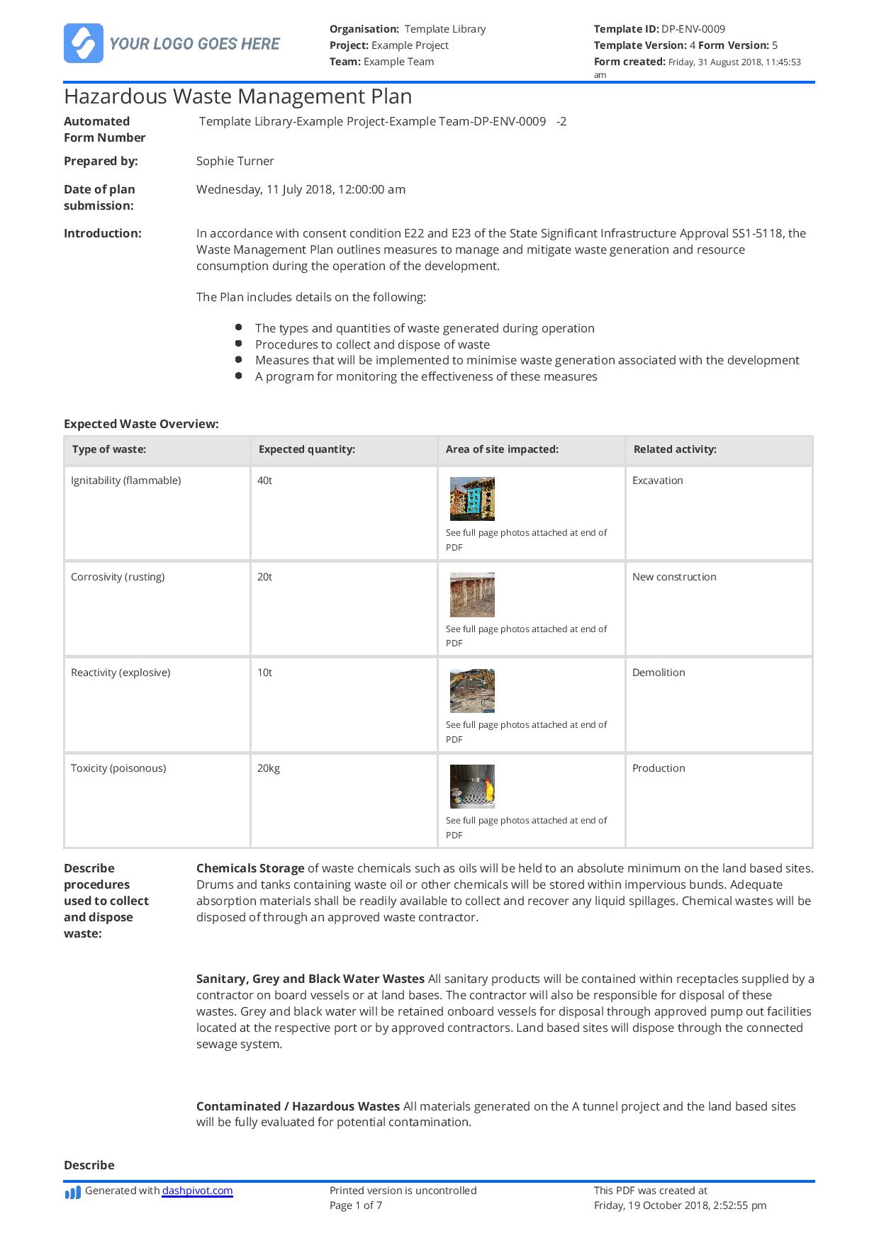 Waste management plan for construction site