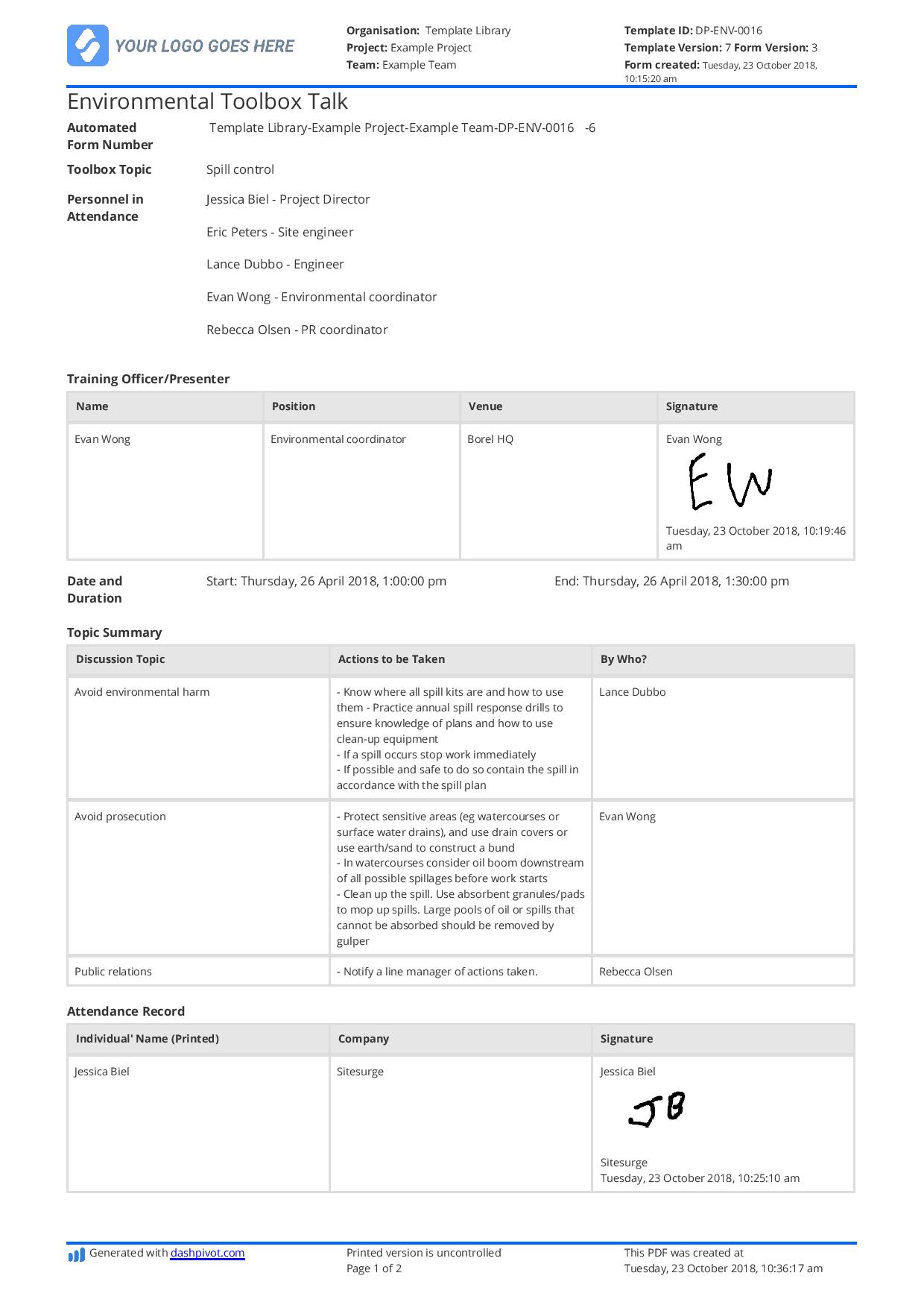 Environmental toolbox talk template