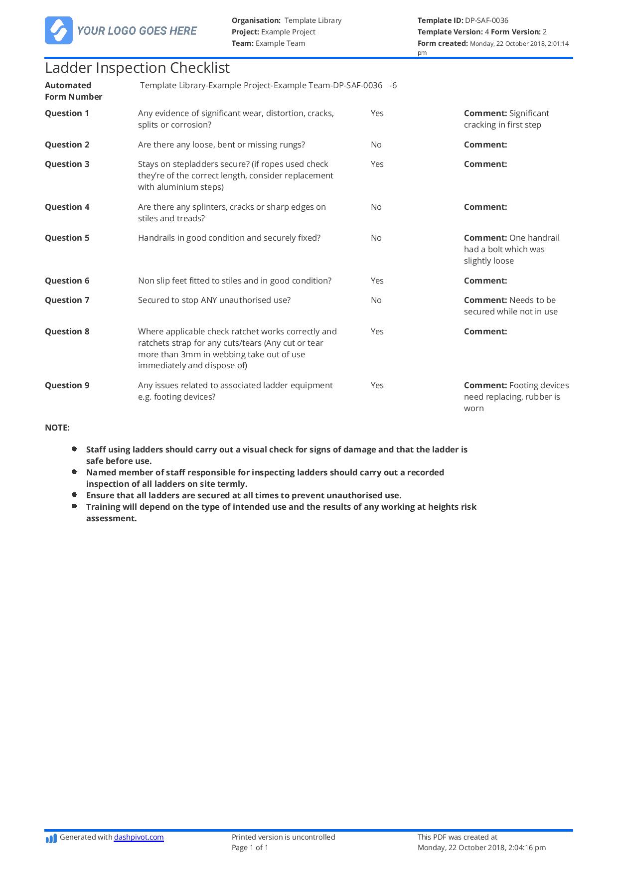 Ladder inspection checklist template