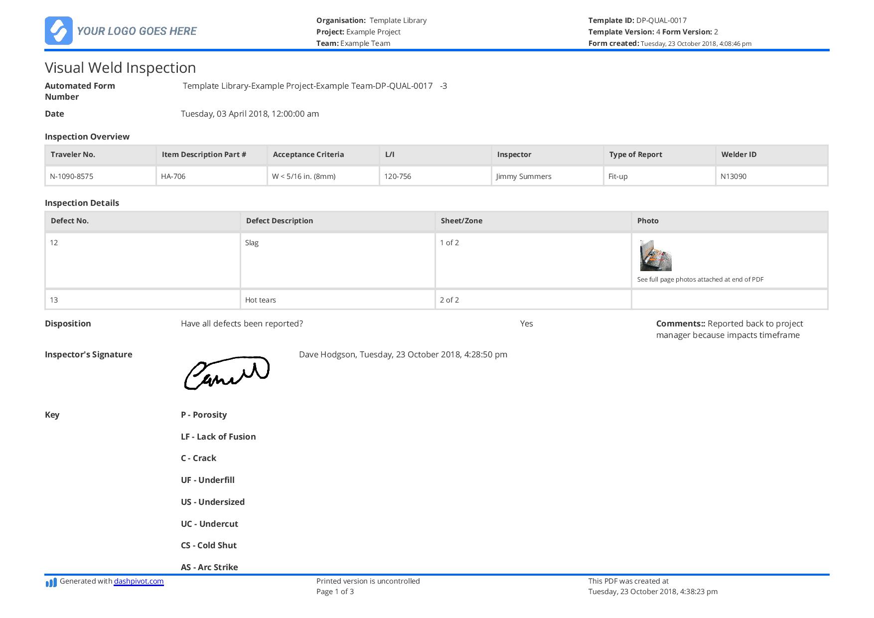 visual weld inspection template