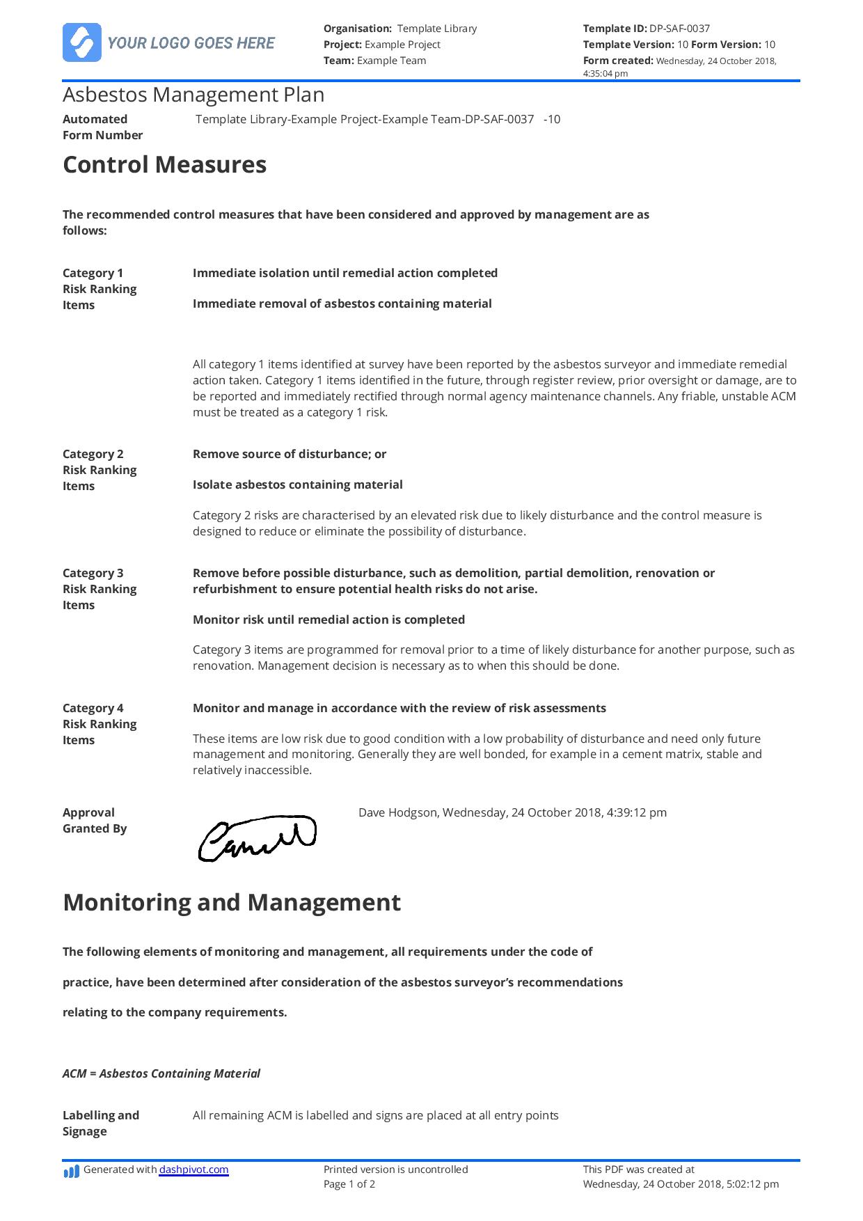 Asbestos management plan template