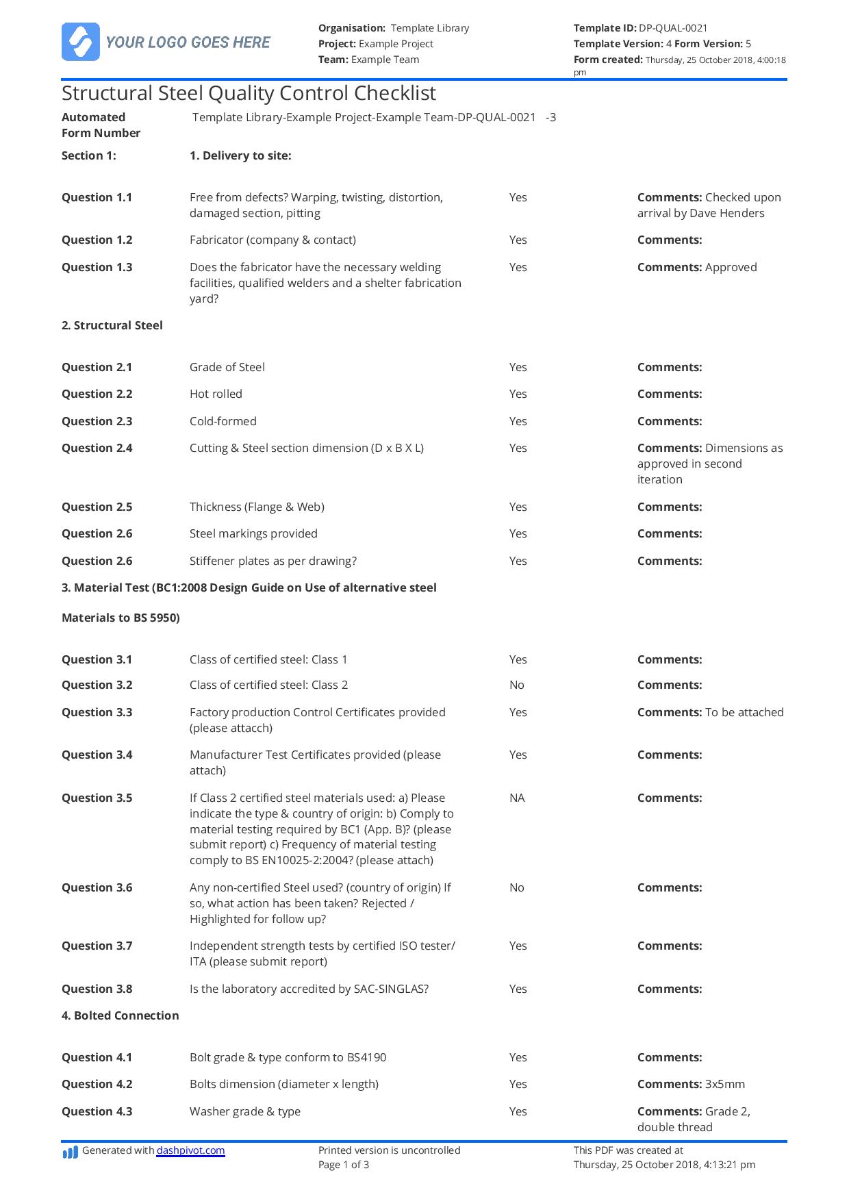 Structural steel quality control checklist