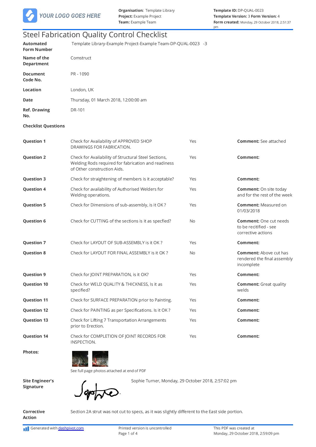 Steel fabrication quality control checklist