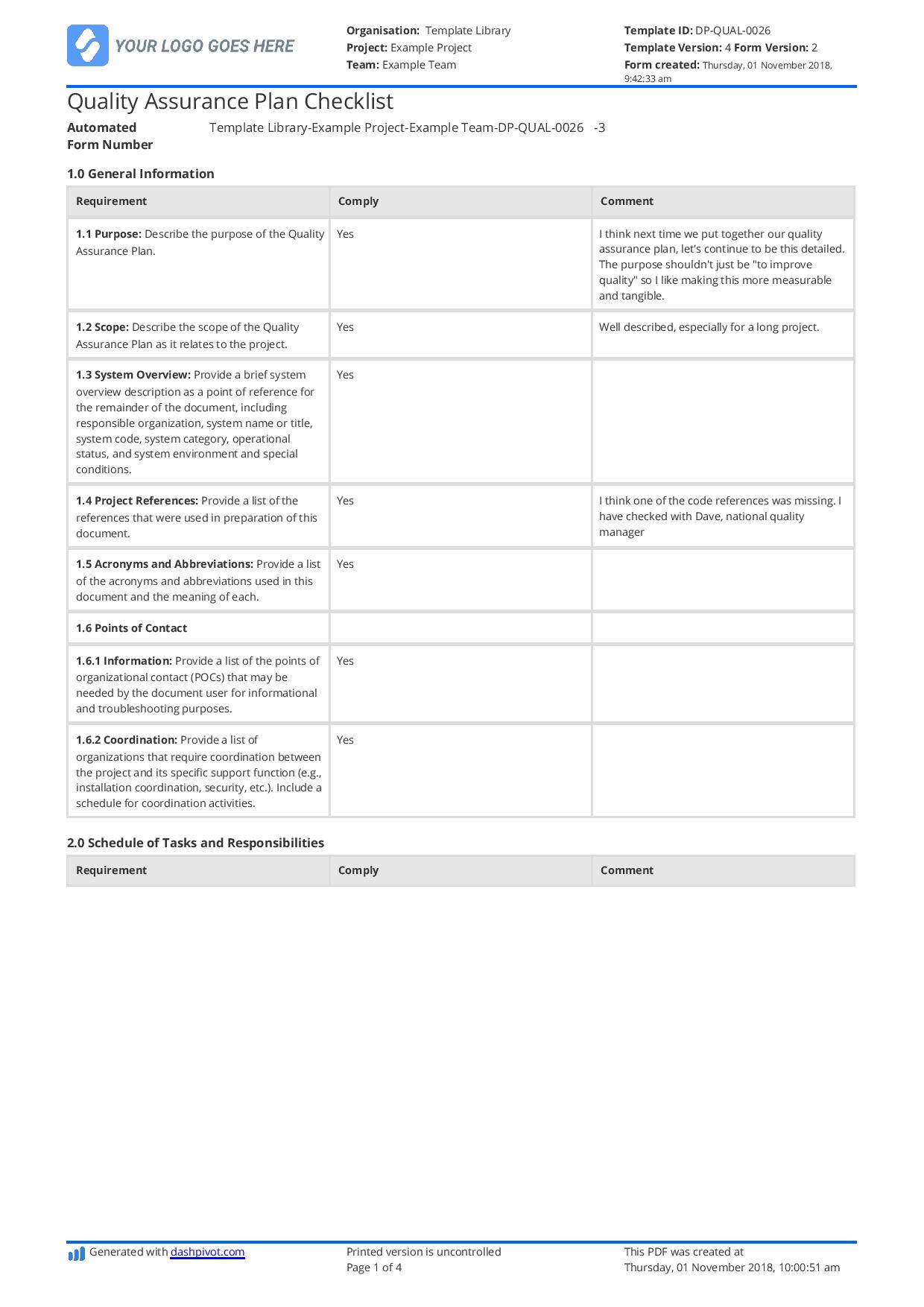 Quality assurance plan checklist