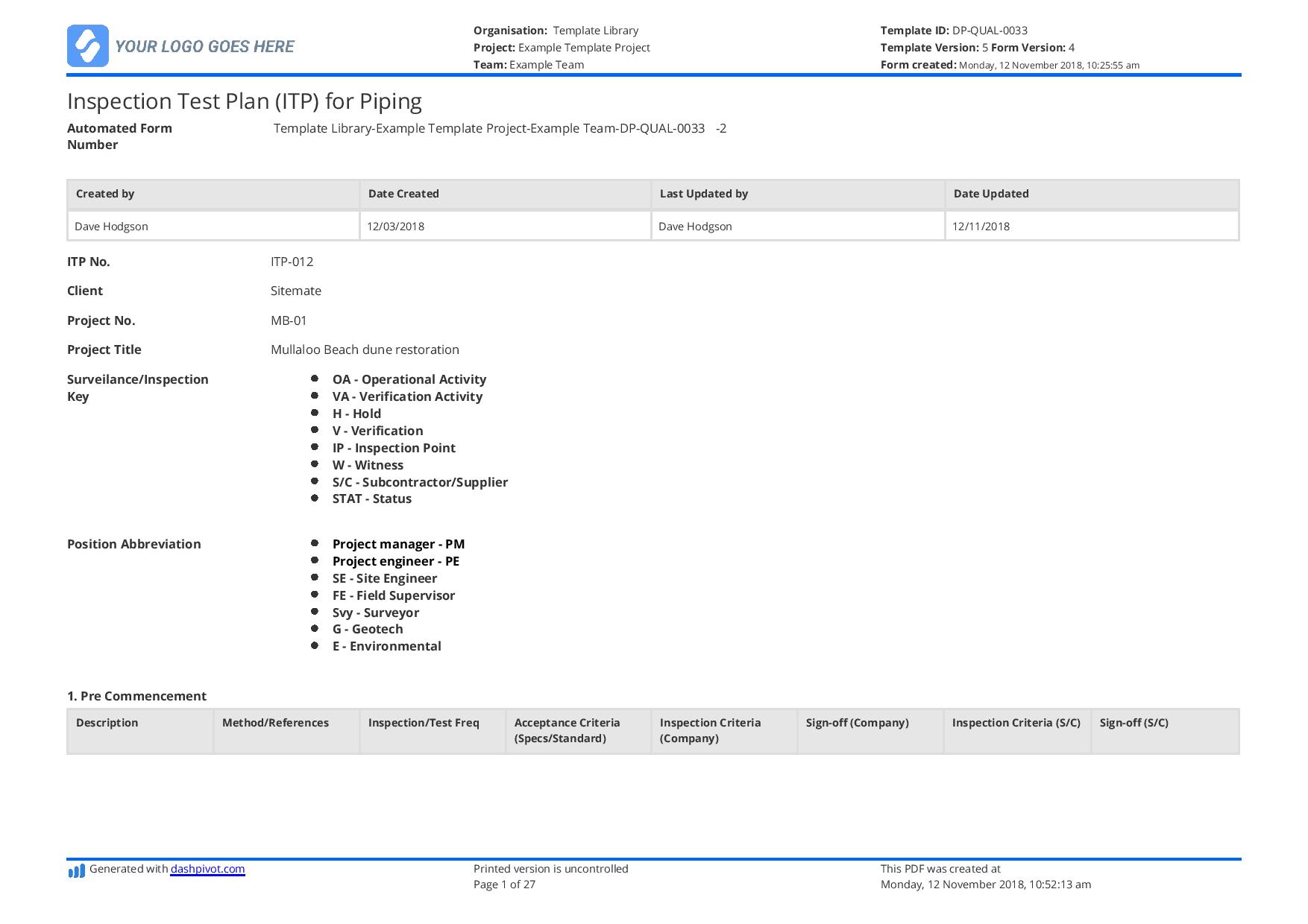 Inspection test plan for piping