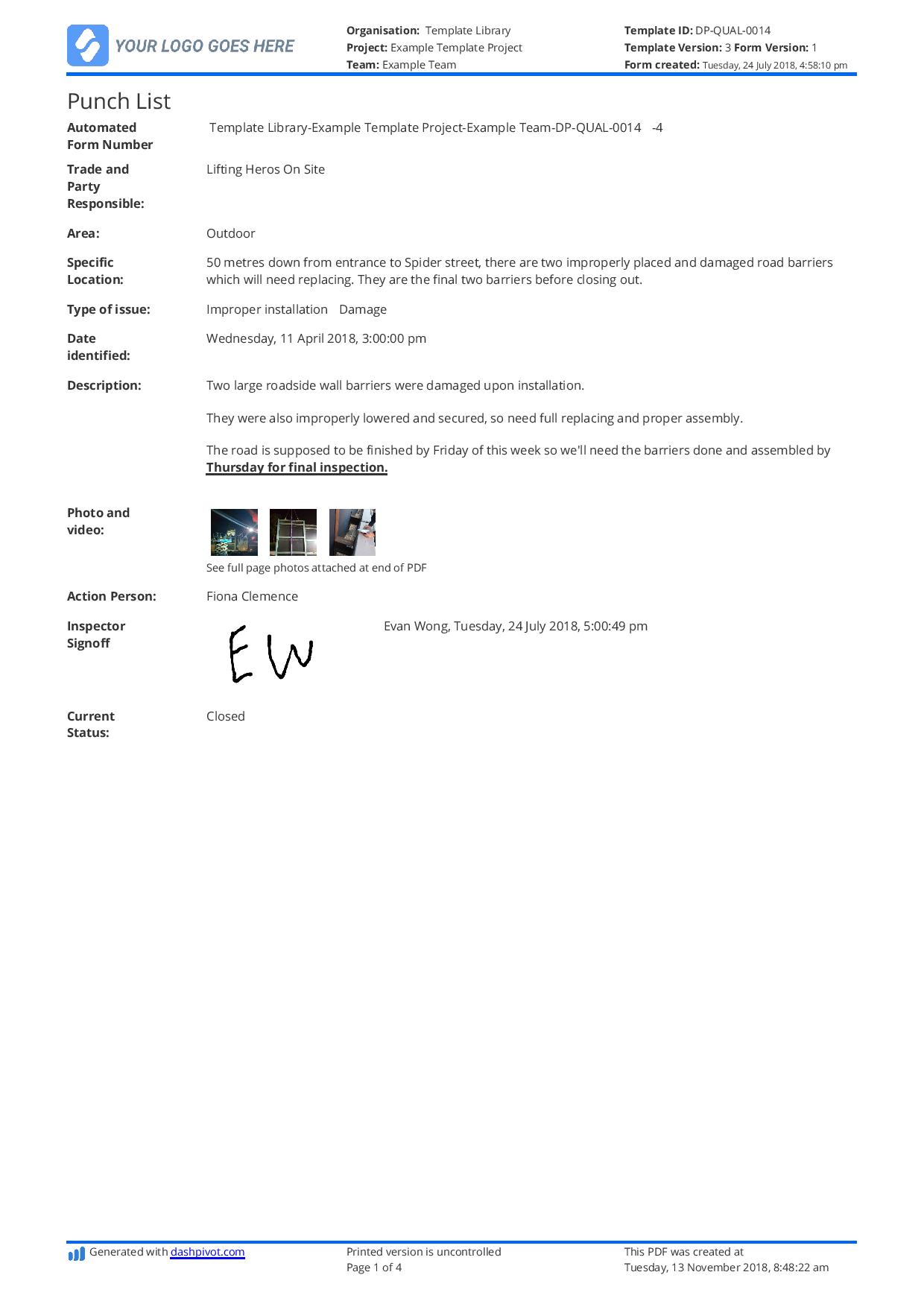 Punch list example