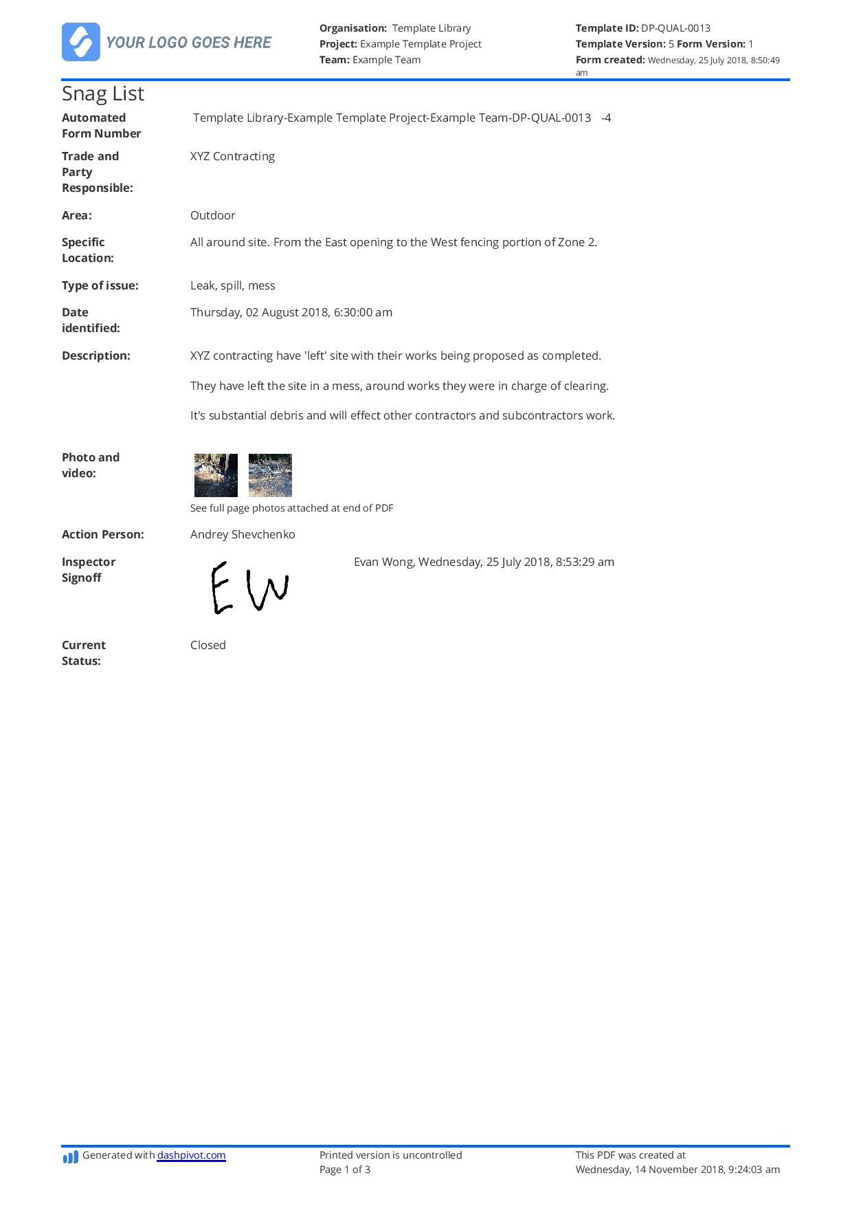 Snag list example