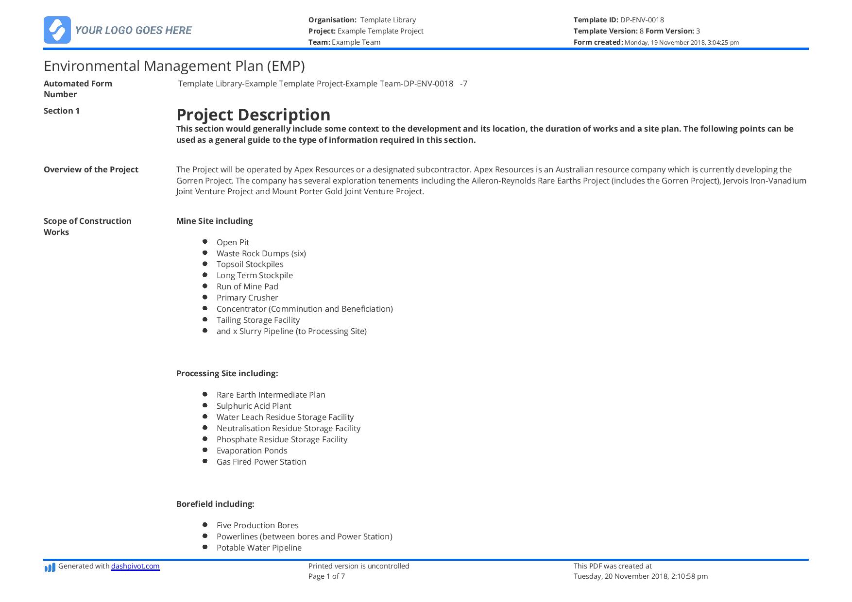 Environmental management plan examples