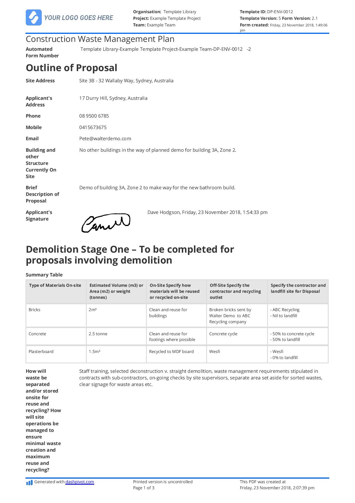 Construction waste management plan sample