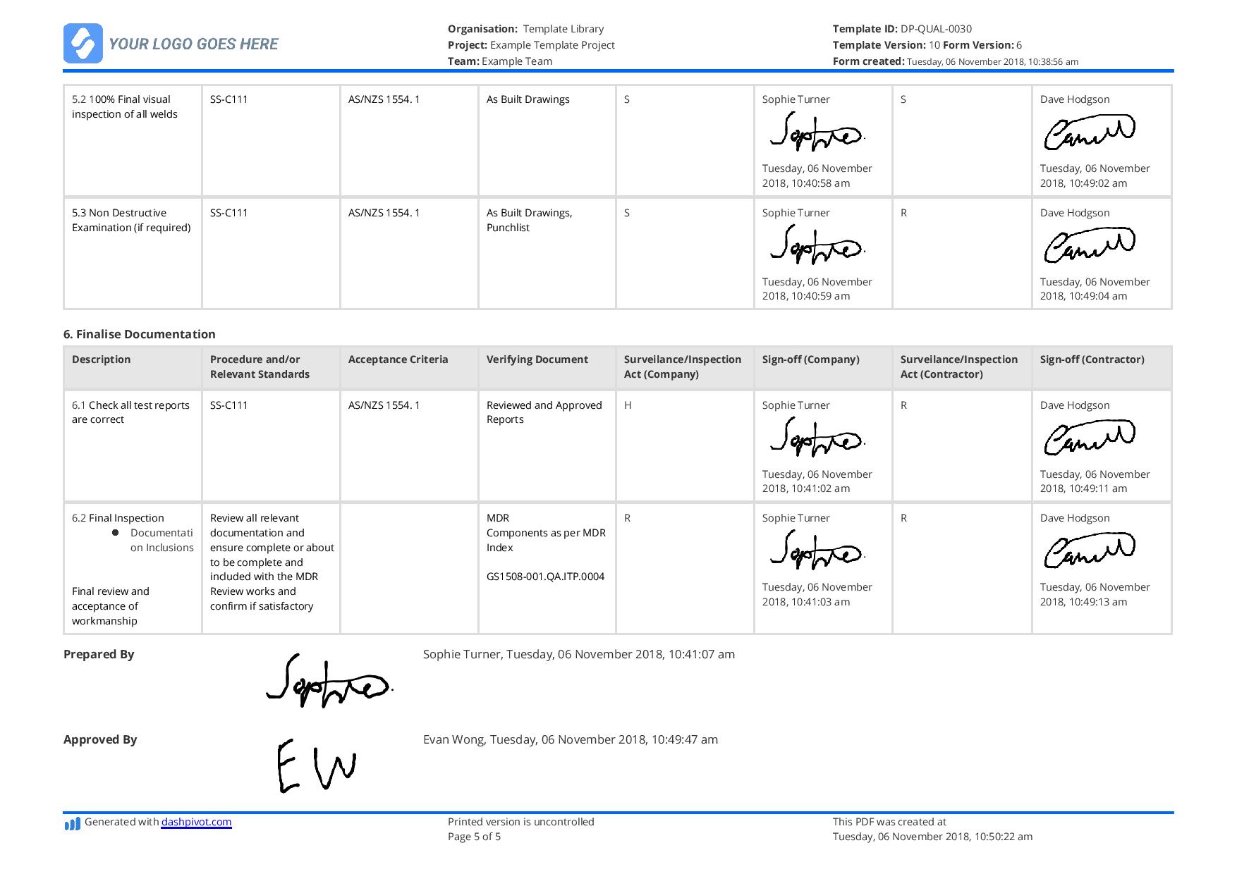 Inspection test plan for welding and fabrication