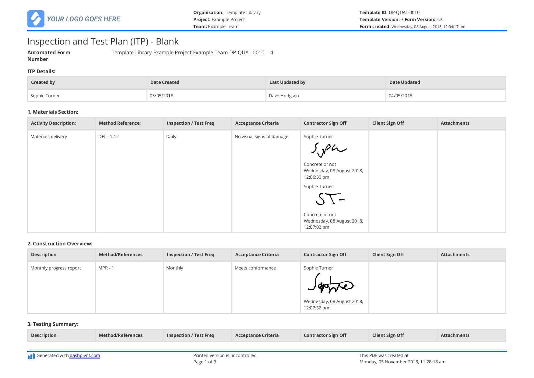 Inspection test plan civil works
