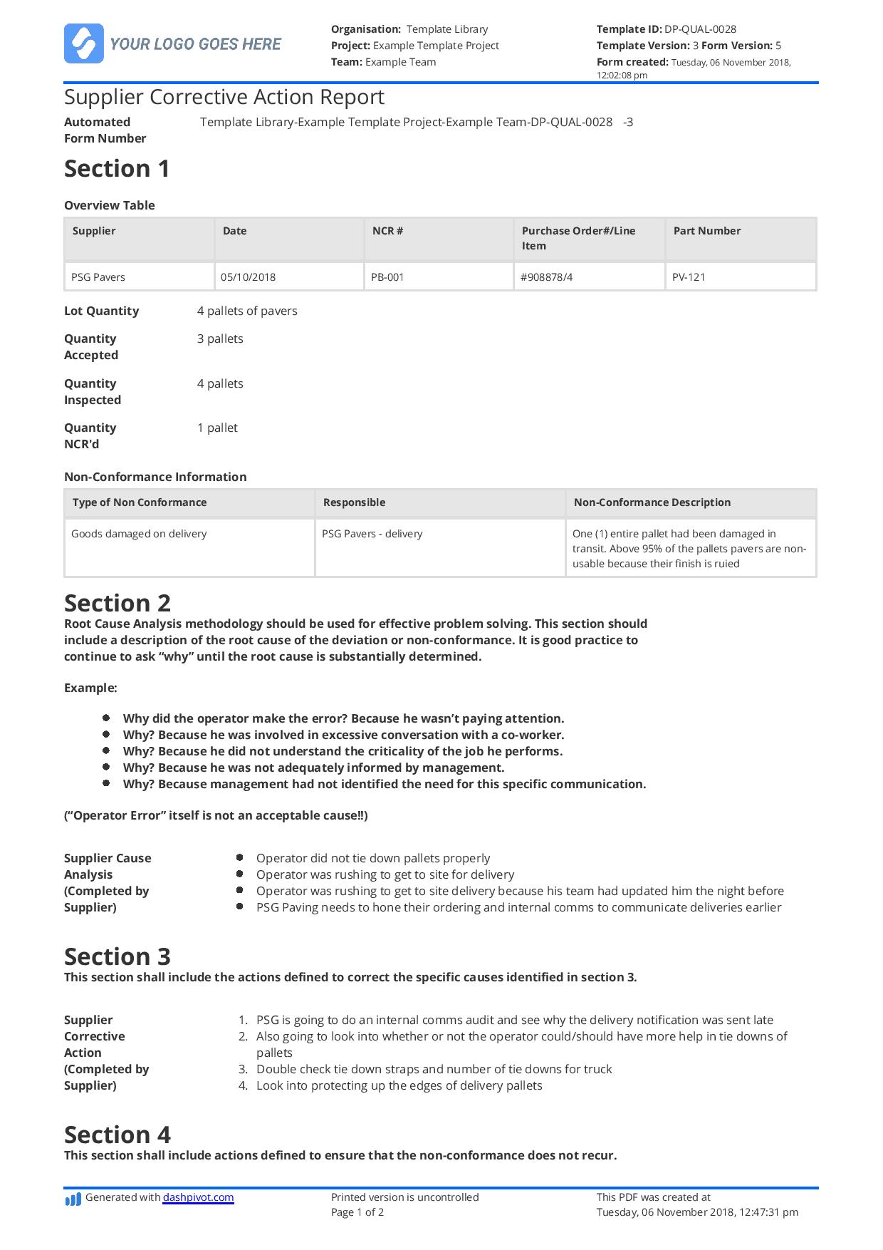 Supplier corrective action report template