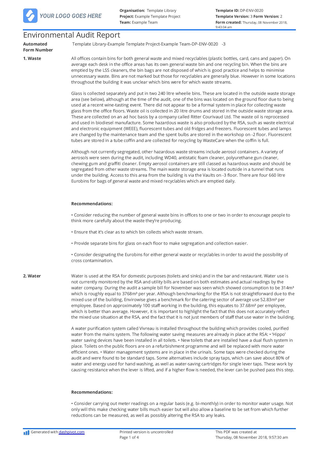 Environmental audit report example