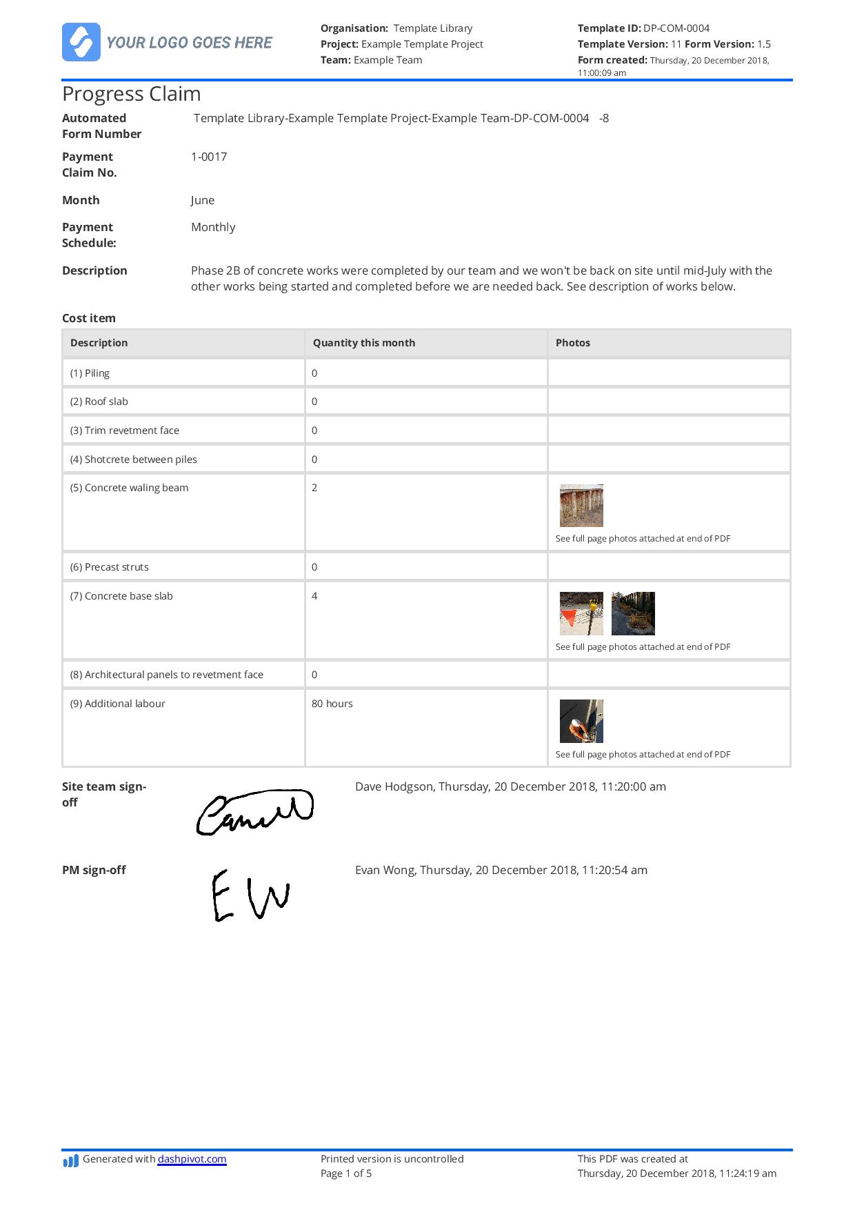 progress claim template