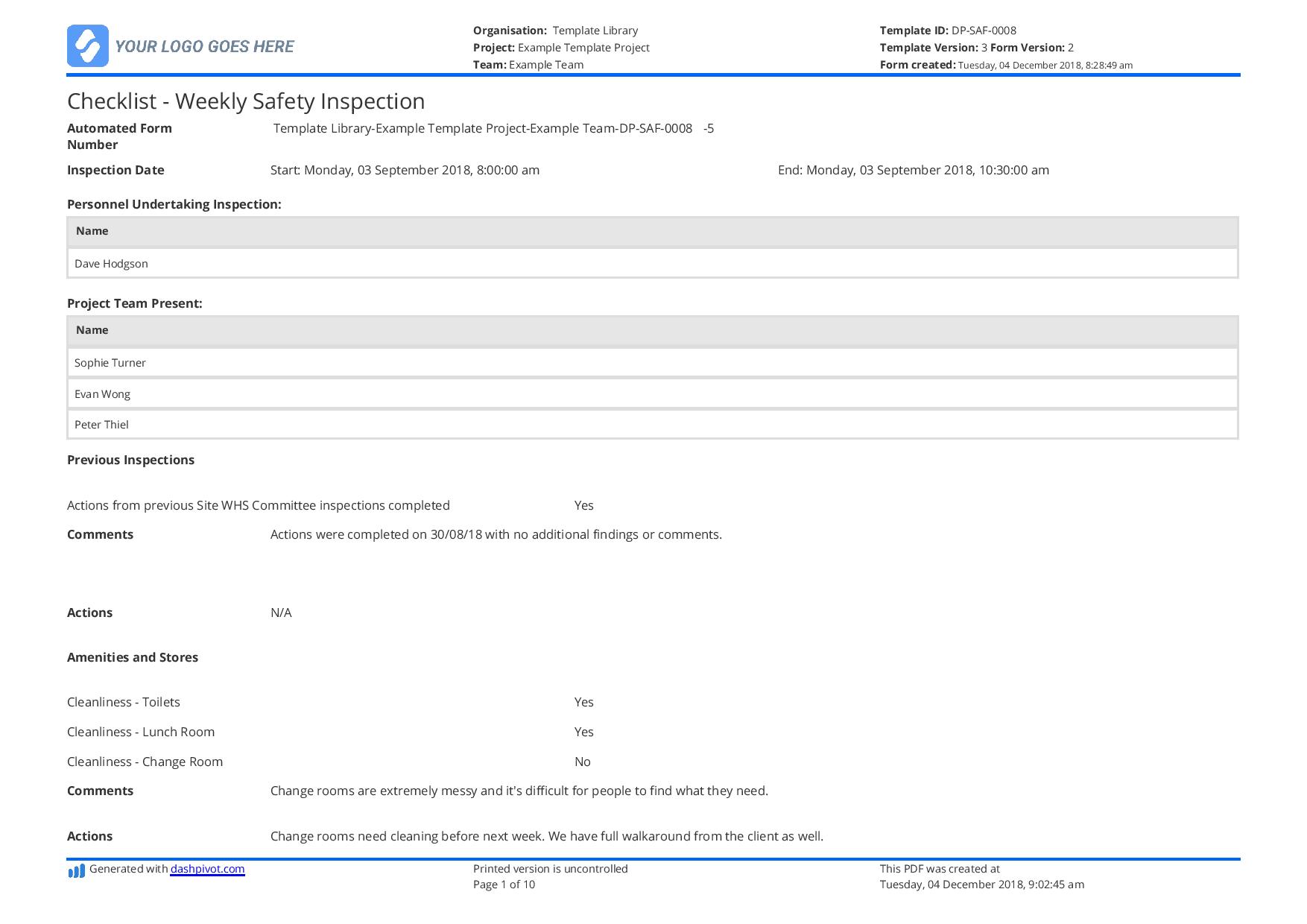 Weekly safety inspection checklist template