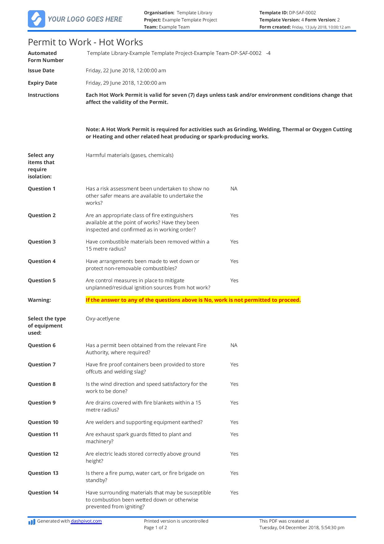Hot works permit form