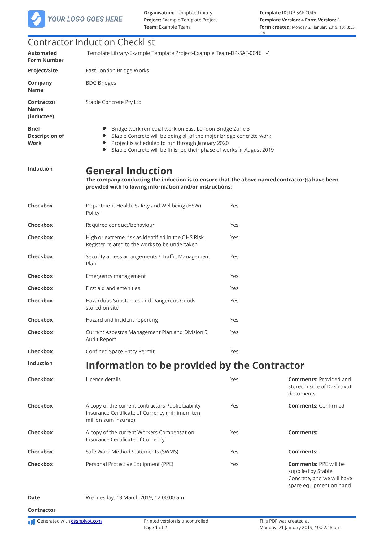 Contractor induction checklist