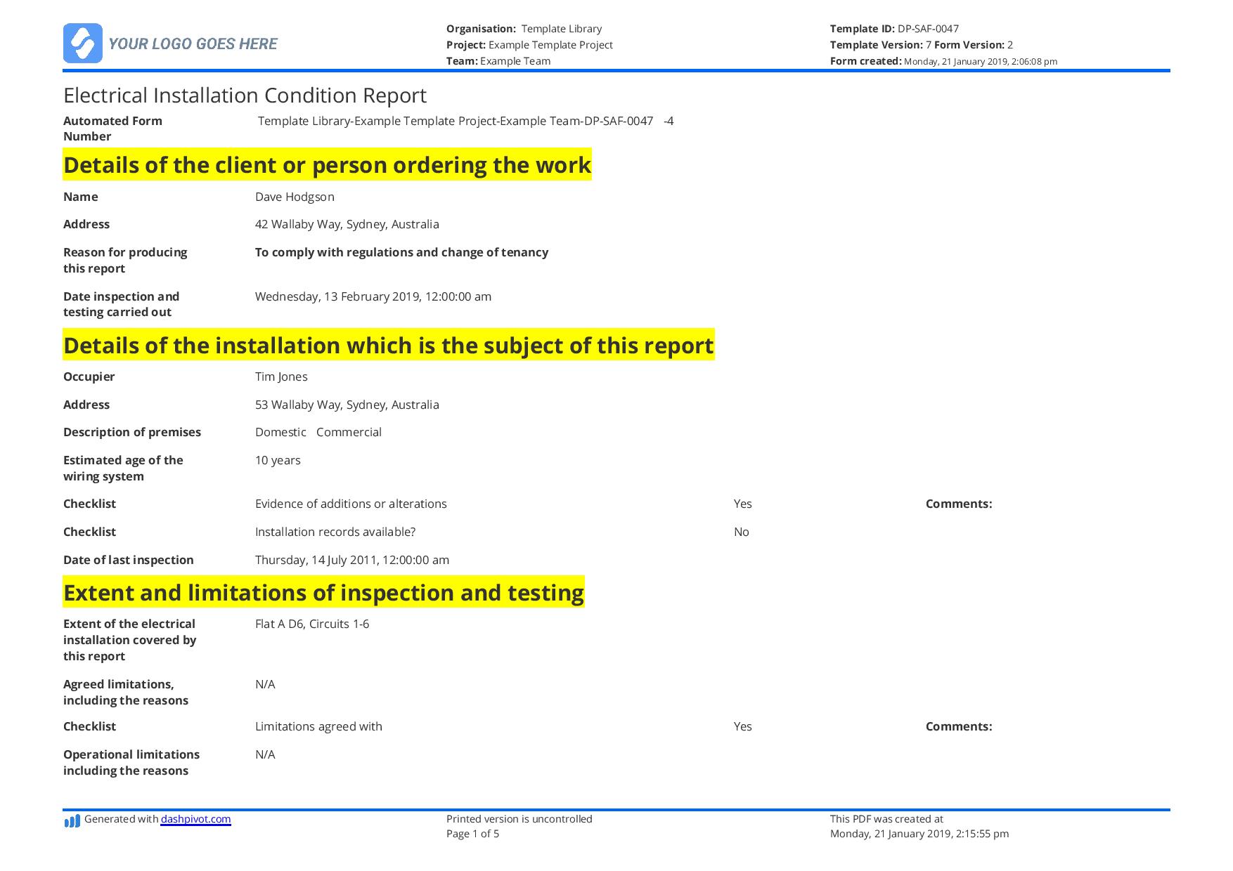 Electrical installation condition report sample