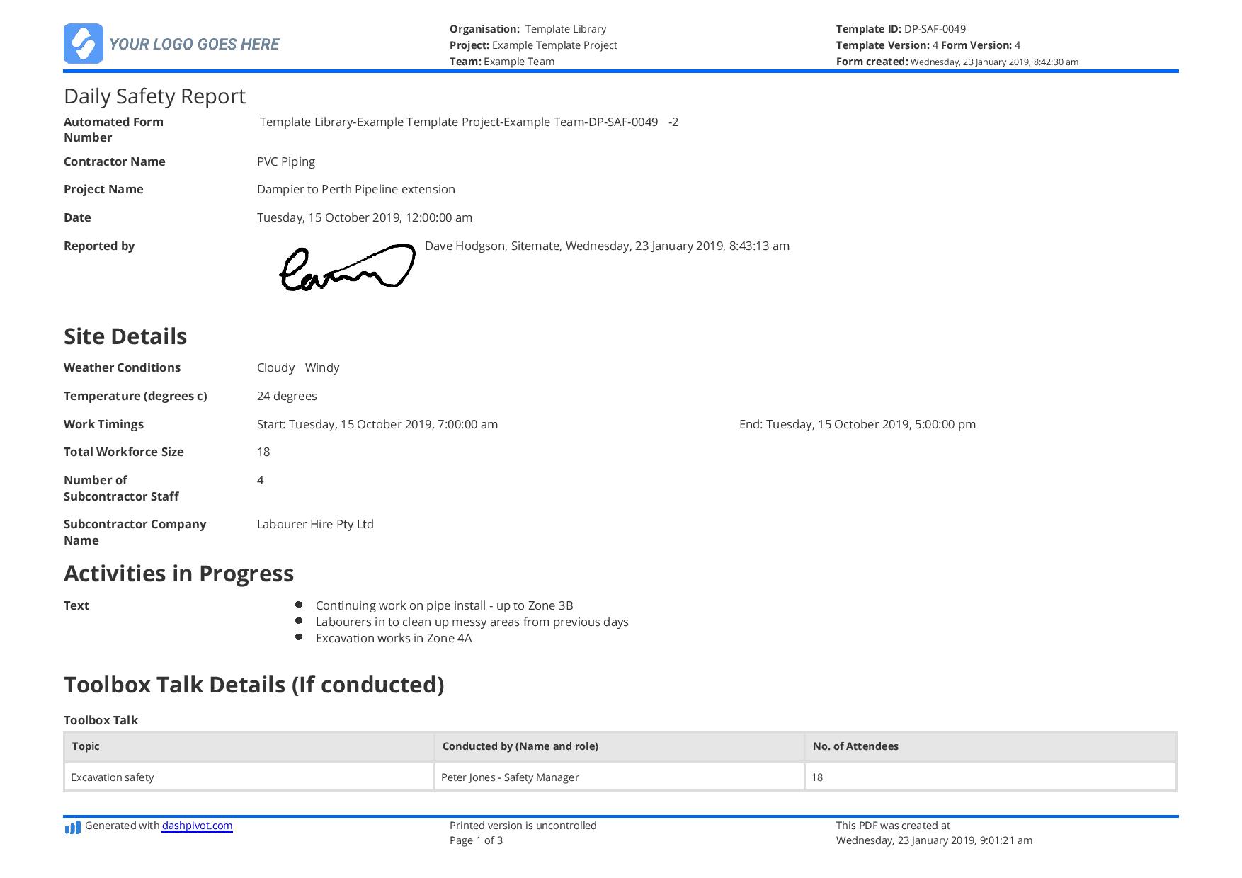 Daily safety report template