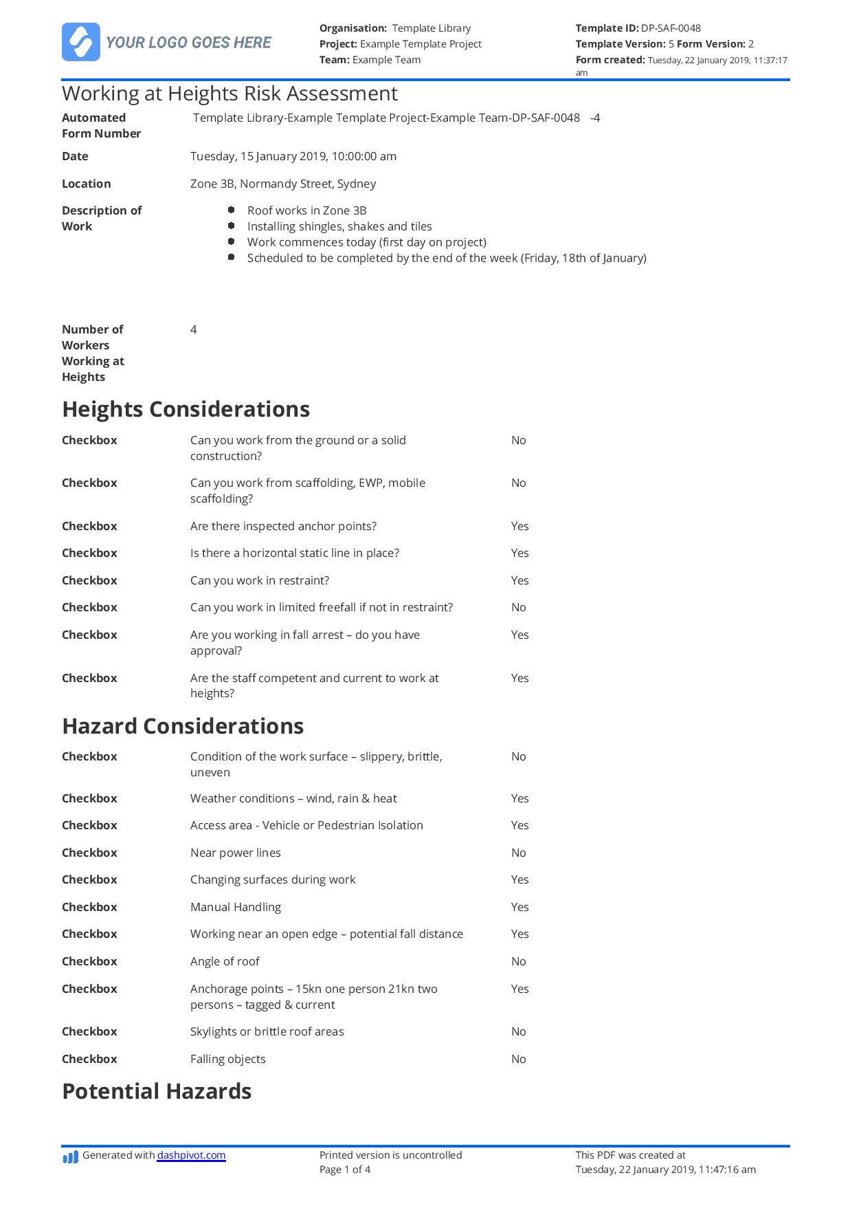 Working at heights risk assessment template
