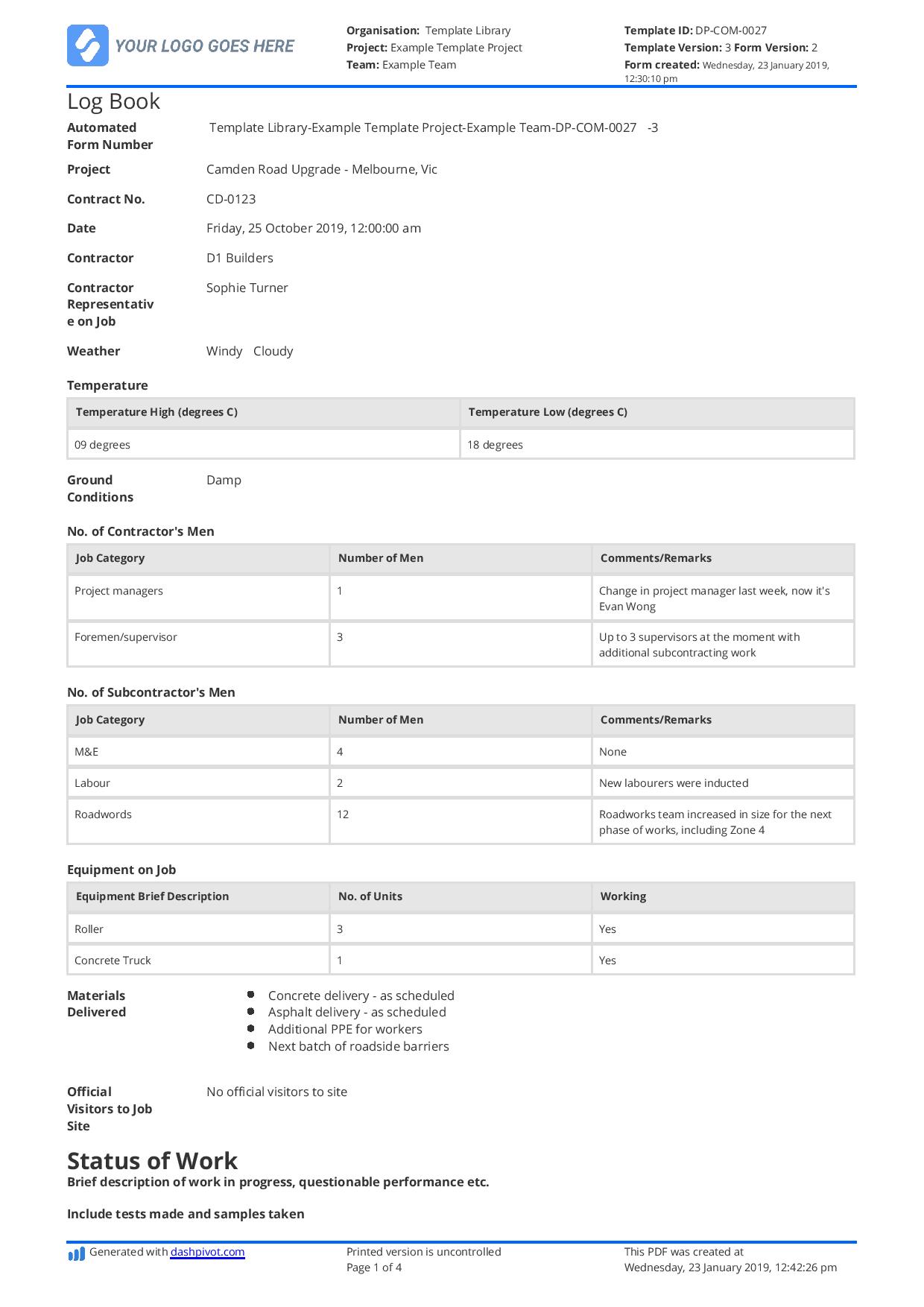 Construction log book sample