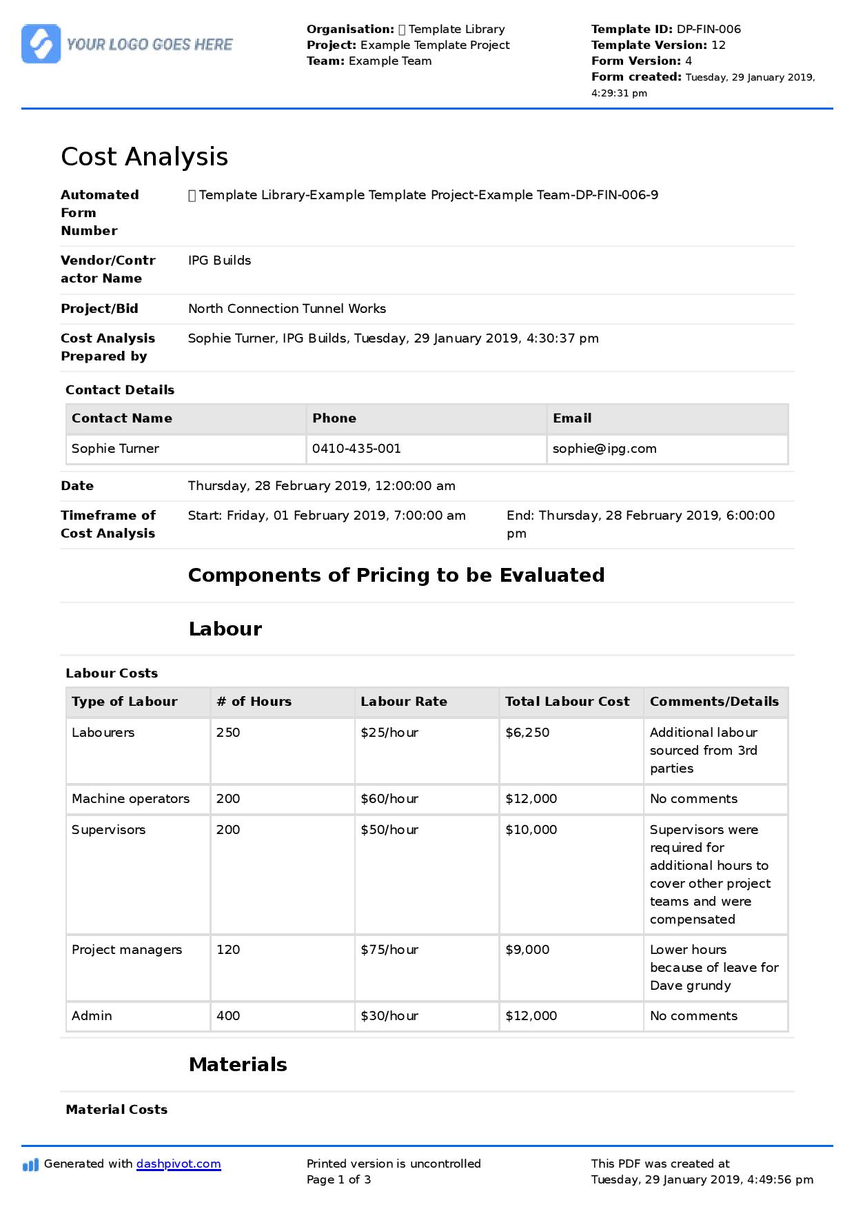 Construction cost analysis template