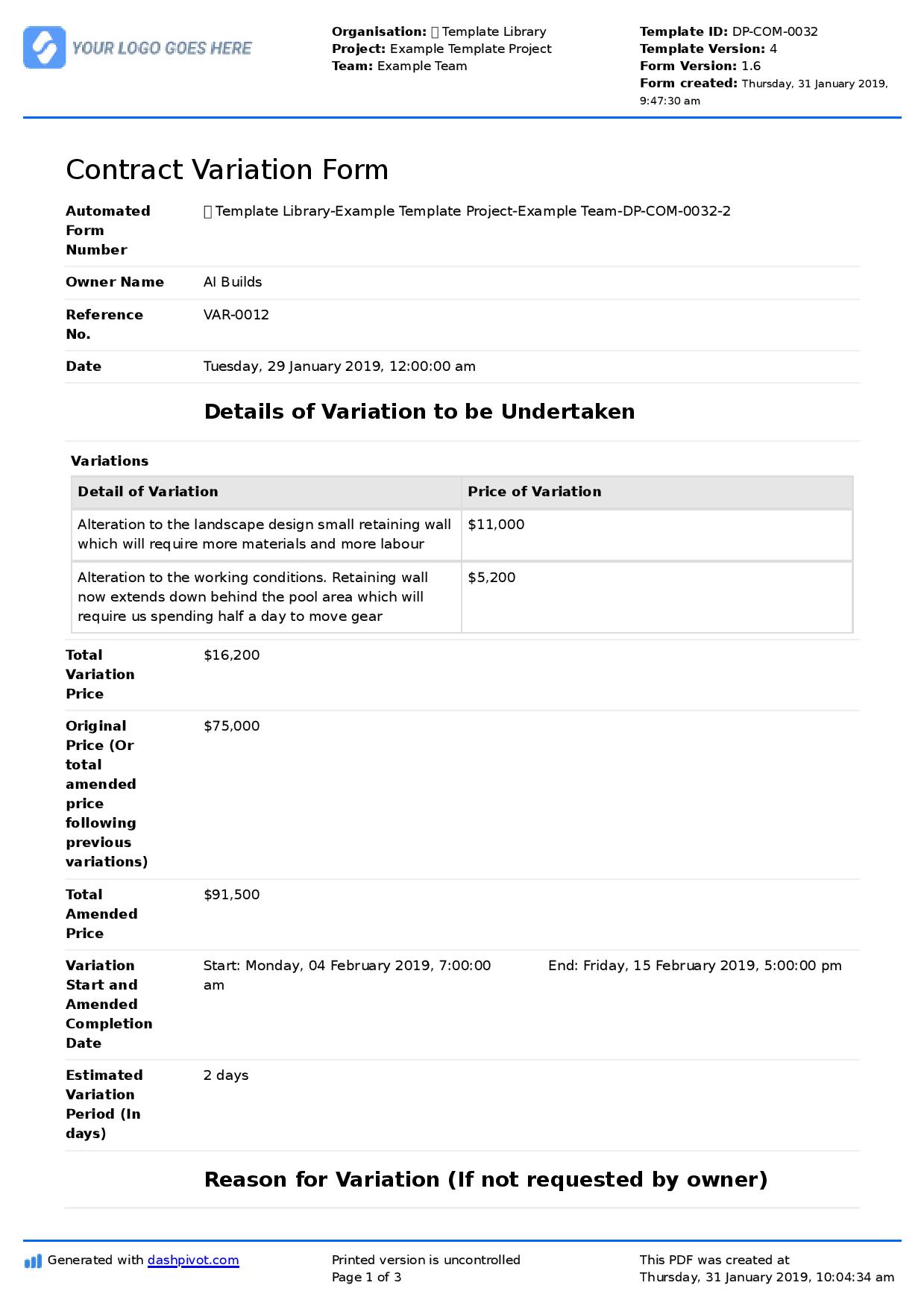 Building contract variation template