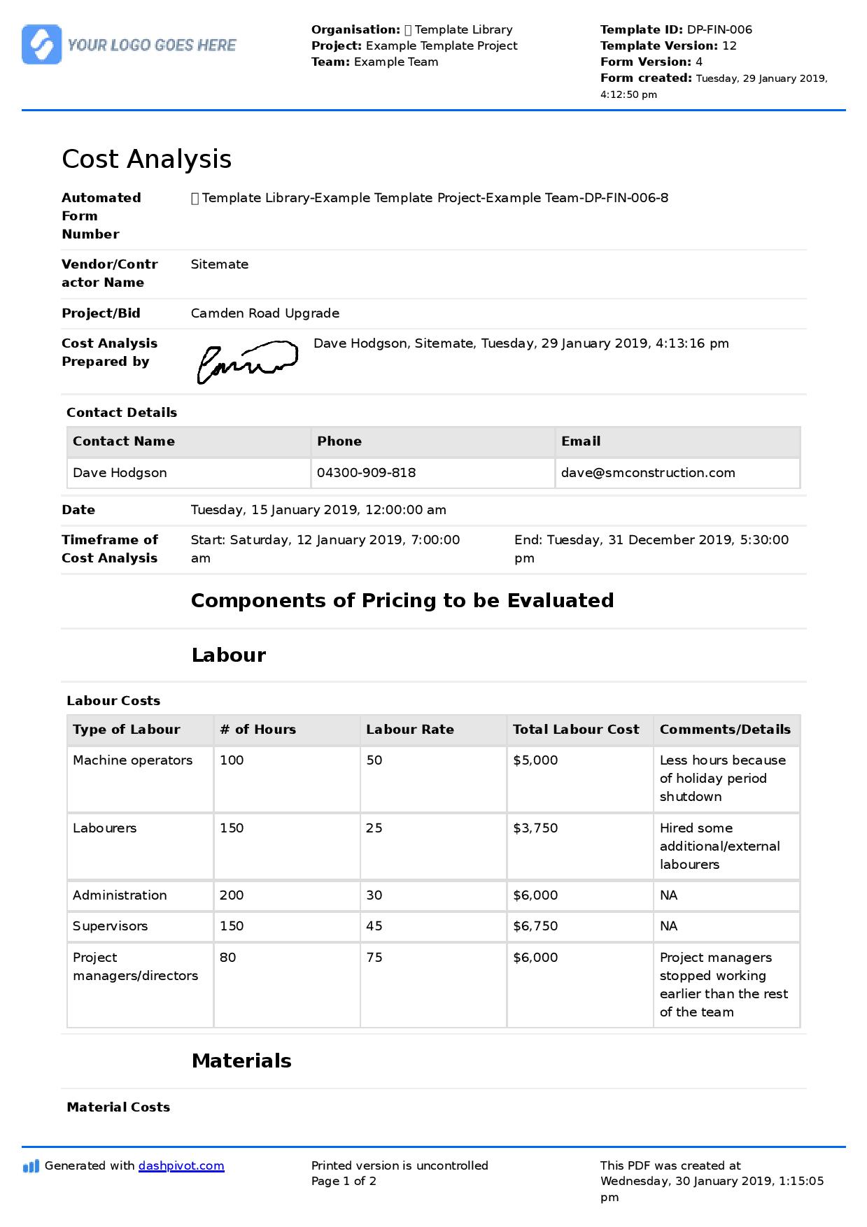 Cost analysis for construction