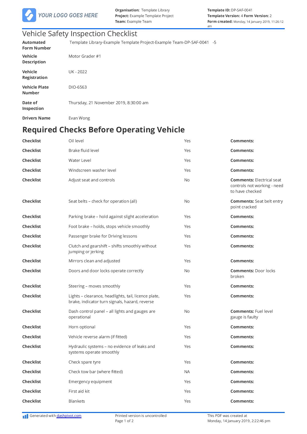 Weekly safety inspection checklist template