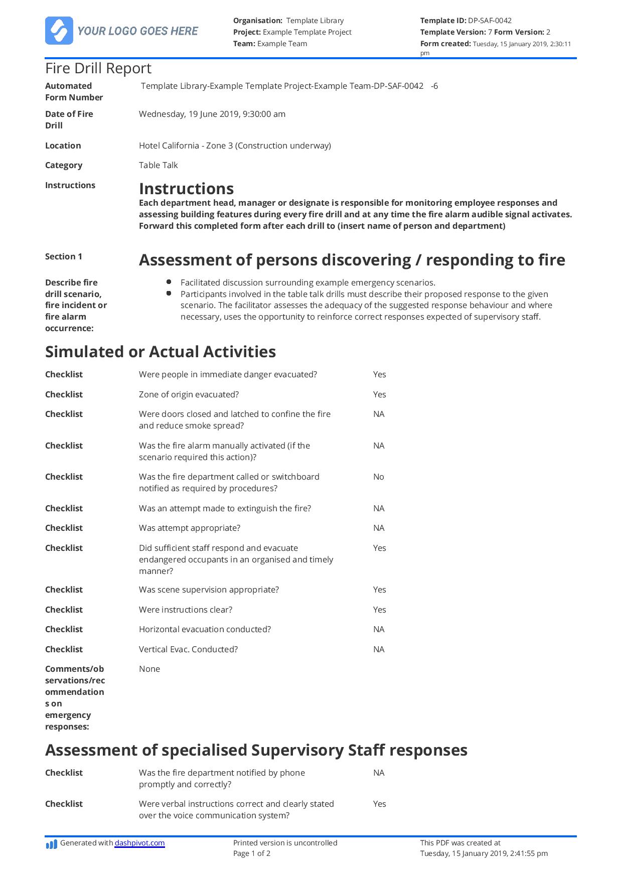 Fire drill report template