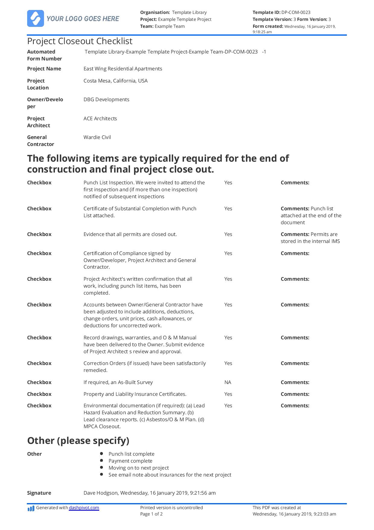 Construction project closeout checklist template